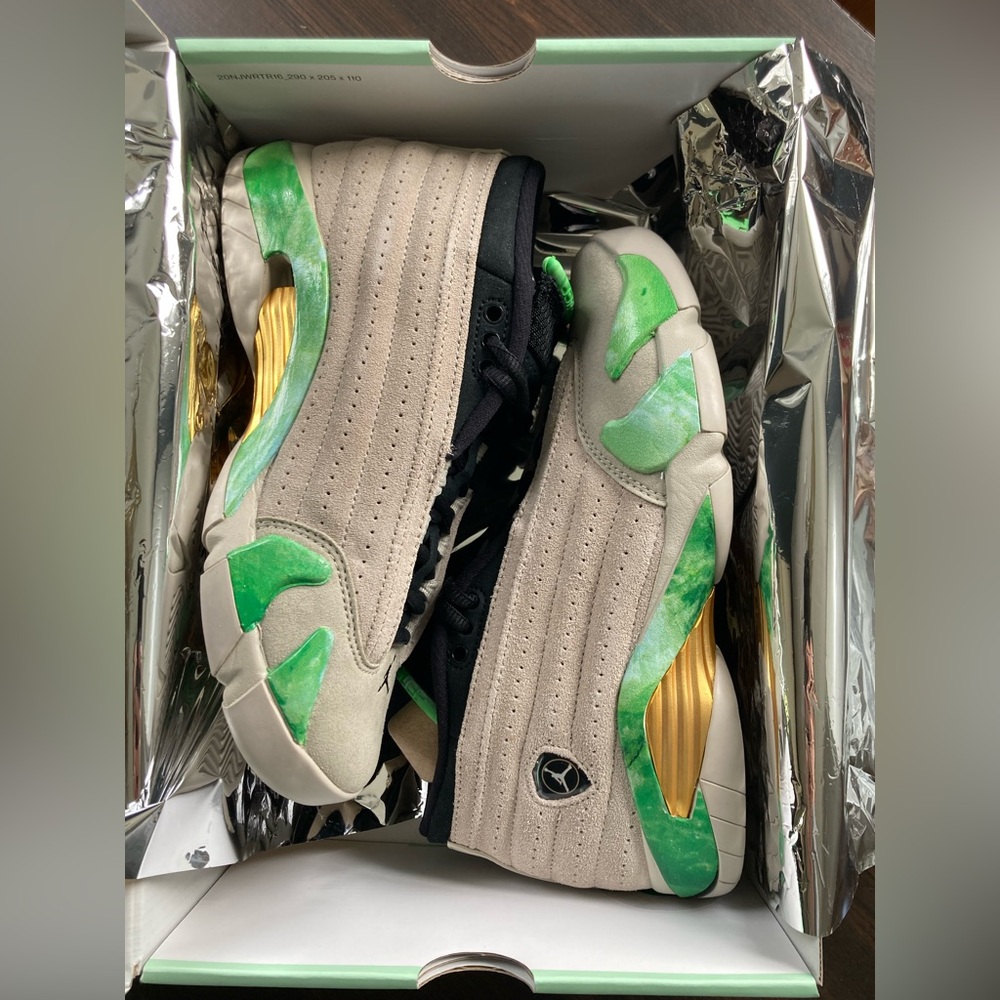 Women's Air Jordan 14 x Aleali May - Fortune - Tan and Green, Size 6.5 W - Picture 4 of 11